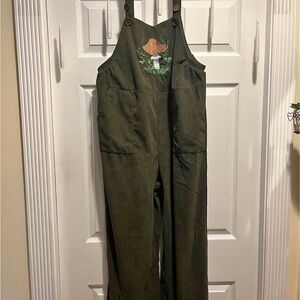 Green Overalls with Mushroom Embroidery